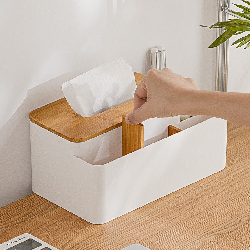 Bamboo Desktop Organiser with Tissue Box Holder and Compartments