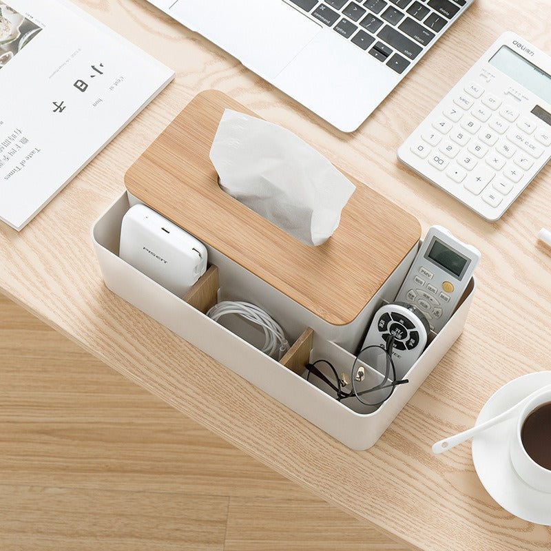 Bamboo Desktop Organiser with Tissue Box Holder and Compartments