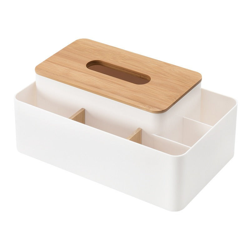 Bamboo Desktop Organiser with Tissue Box Holder and Compartments