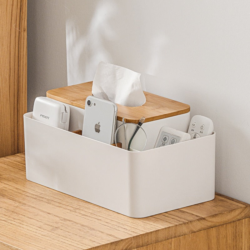 Bamboo Desktop Organiser with Tissue Box Holder and Compartments