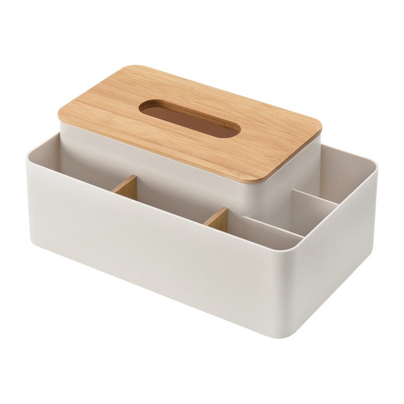 Bamboo Desktop Organiser with Tissue Box Holder and Compartments