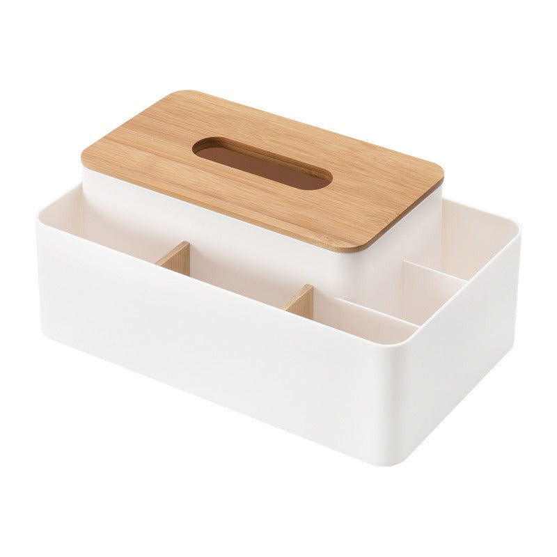 Bamboo Desktop Organiser with Tissue Box Holder and Compartments